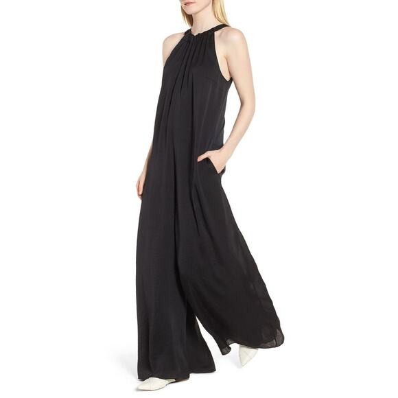 Lewit Black Satin Basic Classy Dressy Relaxed Wide Leg Jumpsuit Size 8 - Picture 1 of 12